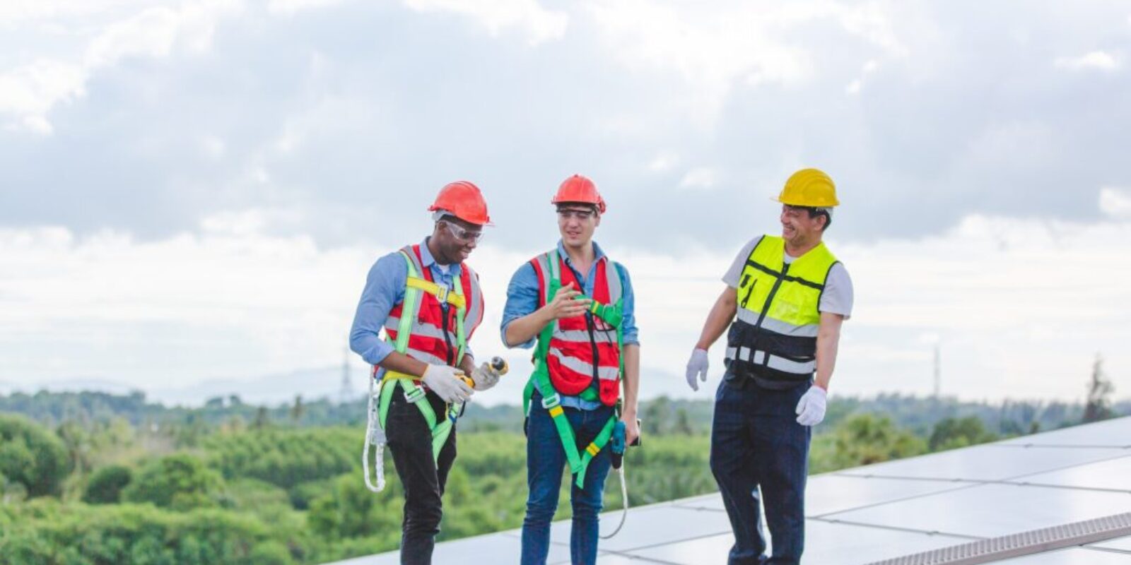 Professional engineer team installing solar photovoltaic panel system, Electrician mounting module
